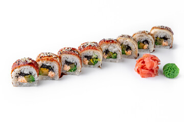 Sushi roll unagi with eel, crab mousse and caviar. Japanese food. Sushi menu for restaurant isolated on white background
