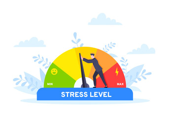 Reduce stress level flat style design concept vector illustration. Emotion overload, burnout and fatigue from work. Stress level meter gauge emotion stages. Person pushes arrow from maximum to minimum