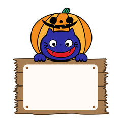 HOLLOWEEN用のかぼちゃの帽子をかぶっているかわいい黒猫イラスト。コピースペースあり。