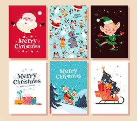 Collection of Merry Christmas congratulation cards with Santa Claus, elves characters sledding, gifts and pattern. Vector flat cartoon illustration. For invitation, banner, tag, package, web.