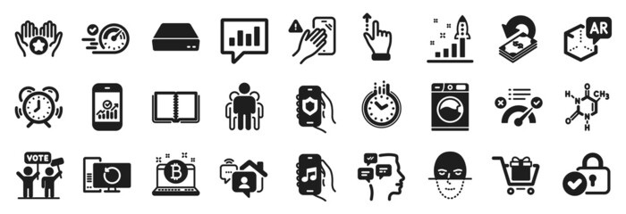 Set of Technology icons, such as Group, Music app, Speedometer icons. Augmented reality, Work home, Voting campaign signs. Time management, Mini pc, Favorite. Recovery computer, Book, Time. Vector