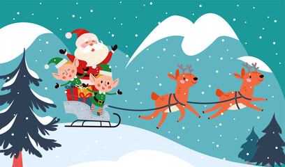 Winter holiday illustration with cute animal deers, elves, Santa Claus characters sledging at snowy forest mountain landscape. Vector cartoon flat concept. For card, package, banner, invitation.