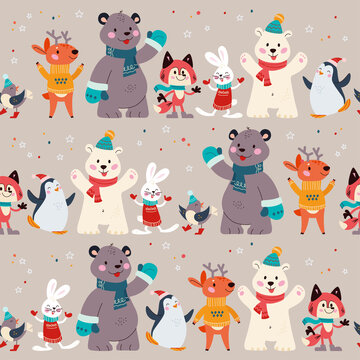 Seamless pattern with funny polar bear, penguin, fox, deer and rabbit animal characters in hats, scarfs, sweaters. For Christmas cards, invitations, packaging paper. Vector flat cartoon illustration.