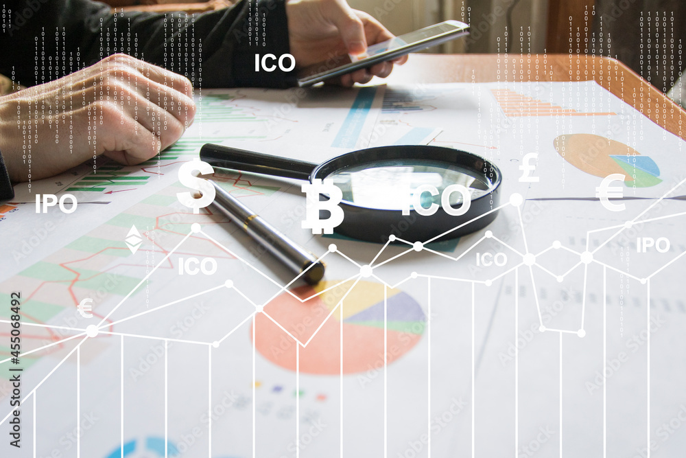 Poster businessman presses button ipo initial public offering and ico icon network on chart in phone. busin
