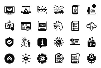 Vector Set of Technology icons related to Artificial intelligence, 5g technology and Photo thumbnail icons. Truck delivery, Multichannel and Voting ballot signs. Online question, Dot plot. Vector