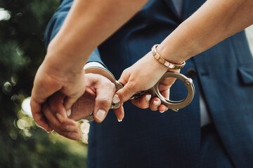 Hands of the bride and groom. The woman handcuffs the man.