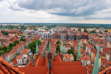 Naklejka premium Top view on Gdansk old town and Motlawa river, Poland at sunset. Also known as Danzig and the city of amber.