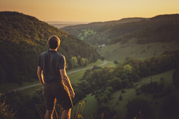 Sportlicher junger Wanderer im Sonnenuntergang in Oberfranken in den hügeligen Wäldern