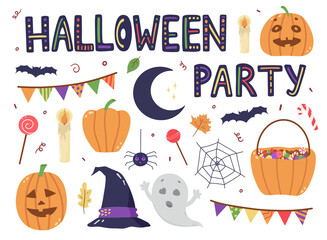 Halloween cute illustrations set. Hand drawn cartoon vector illustrations isolated on white for halloween party.