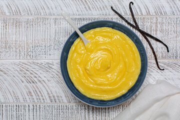 Homemade vanilla pastry cream or custard cream from above. Cooked with milk, egg yolks and sugar,  thickened with corn starch.