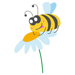 Smiling yellow bumblebee sitting on chamomile flower. Simple flat cartoon style. Cute and funny. Summer or spring. For kids. For post cards, posters, scrapbooking, stationery and textile