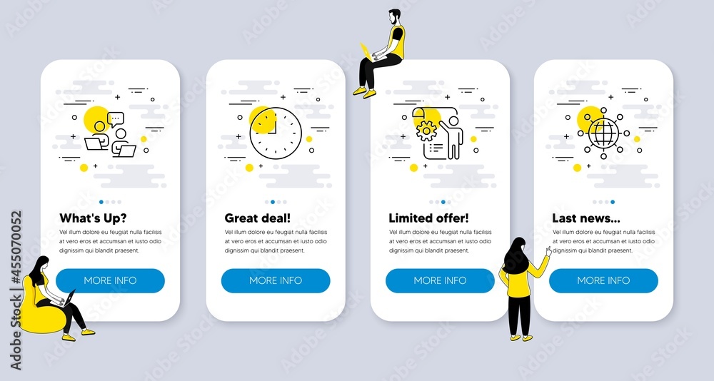 Poster vector set of business icons related to teamwork, settings blueprint and clock icons. ui phone app s