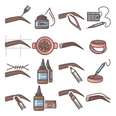 Beauty Eyebrows Tattoo collection flat color line icons set.