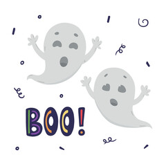 Boo! Cute ghosts illustrations for Halloween. Hand drawn illustrations isolated on white background.