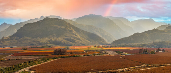 Fototapeta premium Landscape panorama shot of Hex River Valley during winter in Western Cape South Africa