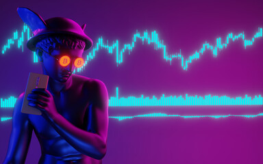 Statue Mercury in bitcoin glasses on neon background. 3d image.
