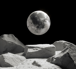 Abstract background Scene for cosmetic Product and Package Presentation, Stone Podium Display on full moon night background