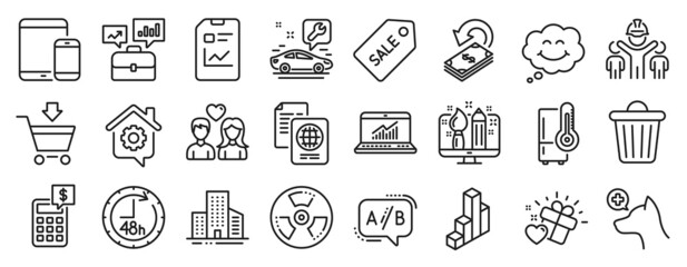 Fototapeta na wymiar Set of Business icons, such as Sale ticket, Car service, Mobile devices icons. Couple love, 48 hours, Online statistics signs. Passport document, Cashback, Work home. Business portfolio. Vector