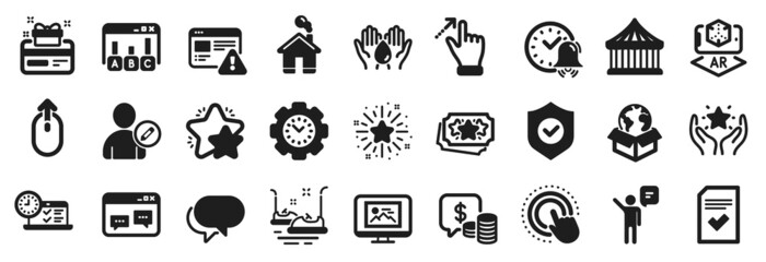 Set of Technology icons, such as Edit user, Checked file, Star icons. Browser window, Augmented reality, Survey results signs. Security shield, Ranking, Internet warning. Online test, Home. Vector