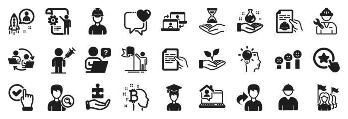 Set of People icons, such as Loyalty star, Time hourglass, Chemistry lab icons. Technical documentation, Foreman, Checkbox signs. Outsource work, Puzzle, Helping hand. Idea, Feminism. Vector
