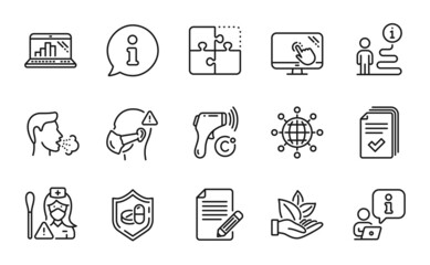 Science icons set. Included icon as Handout, Electronic thermometer, Medical tablet signs. Article, Touch screen, Medical mask symbols. International globe, Graph laptop, Puzzle. Nurse. Vector