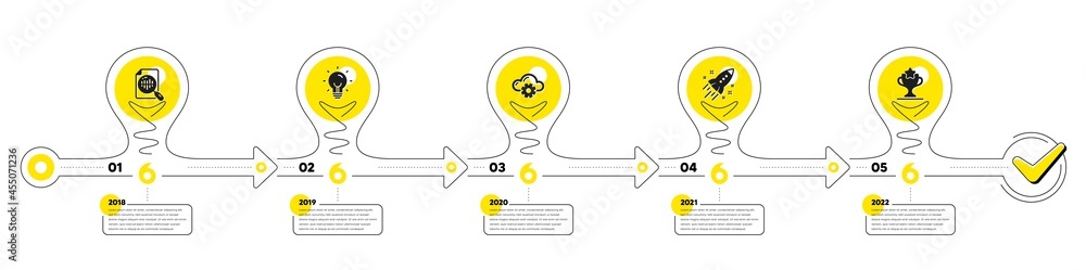 Poster business infographic timeline with 5 steps. workflow process diagram with idea, work, startup rocket