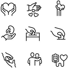 Simple Set of Donations and Charity Related Vector Line Icons. Contains such Icons as Help, Box of Clothes, Toys Giveaway, and more. monoline drawing stroke. 4000 x 4000 pixels perfect.