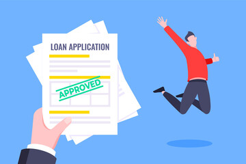 Hand holds loan approval application paper sheets document. Mortgage or credit form with stamp approved and happy person jumping behind flat style design vector illustration.