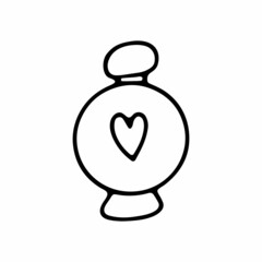 Doodle cosmetics bottle. Hand-drawn packaging with perfume, cream, lotion, makeup. Outline vial with heart. Cosmetology, spa symbol. Vector beauty illustration for Valentines Day, advertising, poster