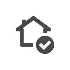 House and checkmark black vector icon. Safe home with ok, tick or check mark symbol.