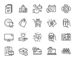 Vector set of Computer, Sale tags and Cross sell line icons set. Queue, Discounts calendar and Handout icons. Hold heart, Work home and Piggy sale signs. Computer web symbol. Vector