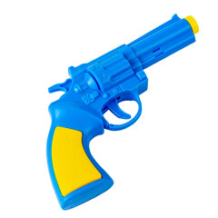 Toy pistol. The pistol is blue. Pistol isolated on white. Isolated background.