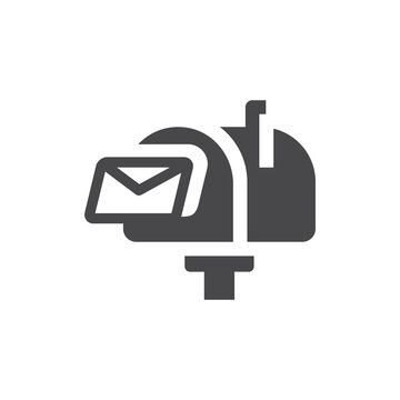 Mailbox with letter black vector icon. Retro mail or post box symbol.