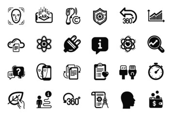 Vector Set of Science icons related to Chemistry atom, Full rotation and File storage icons. Divider document, Question mark and Electric plug signs. Augmented reality, Analytics and Graph. Vector