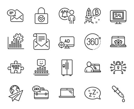 Vector set of 24h service, Quick tips and Paper plane line icons set. User notification, Chemistry pipette and Seo graph icons. Online education, Security lock and 360 degrees signs. Vector