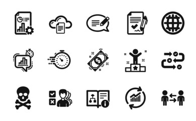 Vector set of Timer, Technical algorithm and Message icons simple set. Approved agreement, Teamwork business and Statistics timer icons. Payment, Opinion and Survey progress signs. Vector