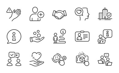People icons set. Included icon as Augmented reality, Apartment insurance, Dont touch signs. People voting, Hold heart, Id card symbols. Romantic talk, Teamwork, Employees handshake. Vector