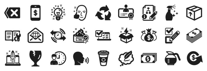 Set of simple icons, such as Web mail, Smartphone payment, Cream icons. Check investment, Takeaway coffee, Dollar signs. Recycle, Fragile package, Start business. Checkbox, Working hours. Vector