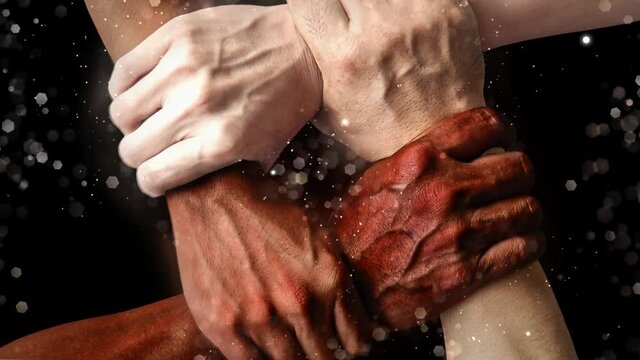 3d vfx flares and shimmer on multiracial group with black afro American Caucasian and Asian hands holding wrist in respect unity love tolerance and anti racism concept