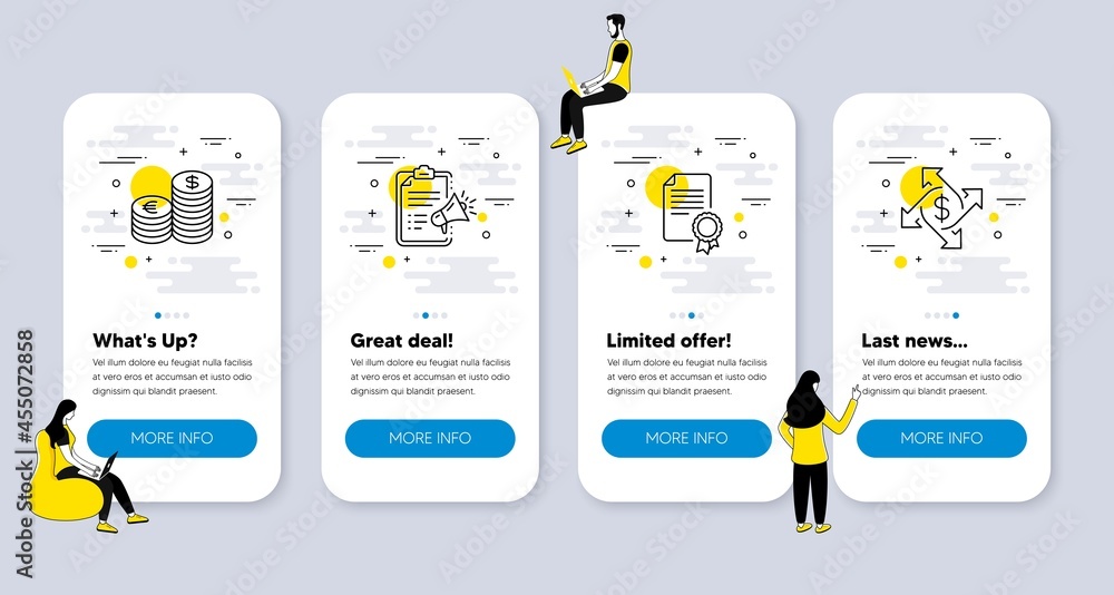 Poster vector set of line icons related to megaphone checklist, currency and certificate icons. ui phone ap