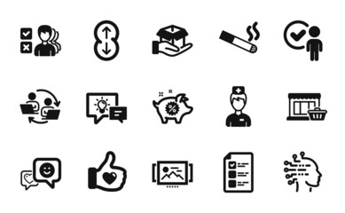 Fototapeta premium Vector set of Smile, Scroll down and Artificial intelligence icons simple set. Hold box, Doctor and Idea lamp icons. Smoking, Voting ballot and Verification person signs. Vector