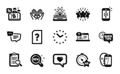 Vector set of Travel loan, Search analysis and Unknown file icons simple set. Mail, Quick tips and Hold box icons. Text message, Online help and Time signs. Typewriter, Vip timer and Star. Vector