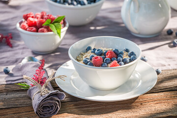 Tasty breakfast with berries and milk. Breakfast in spring garden.