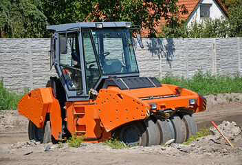 Road roller at the construction site