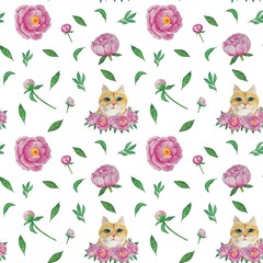 Obraz na płótnie Canvas pattern with flowers and cats