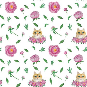 pattern with flowers and cats
