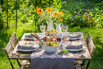 Tasty dinner with salad served in countryside. Chicken for dinner.