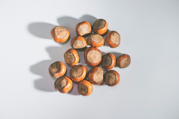 Nuts in shell, hazelnuts on a white background. heap or pile of nuts. Nuts background, healthy food