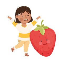 Happy Girl with Big Strawberry with Cheerful Smiley Vector Illustration