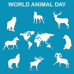 Silhouettes of animals, world map - vector. International Animal Day. International Day for Biological Diversity.